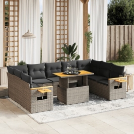 Set de sofás de jardín 10 pzas con cojines ratán sintético gris