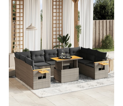 Set de sofás de jardín 10 pzas con cojines ratán sintético gris