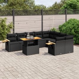 Set de sofás de jardín 10 pzas cojines ratán sintético negro