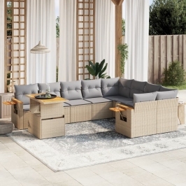 Juego de sofás jardín con cojines beige 10 pzas ratán sintético