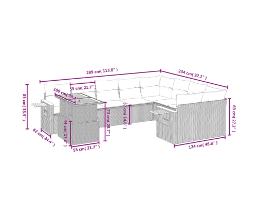 Set de sofás de jardín 10 pzas con cojines ratán sintético gris