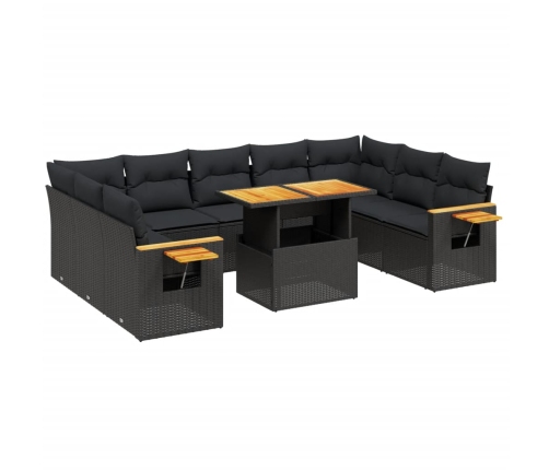 Set de sofás de jardín 11 pzas y cojines ratán sintético negro