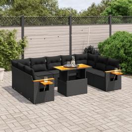 Set de sofás de jardín 11 pzas y cojines ratán sintético negro
