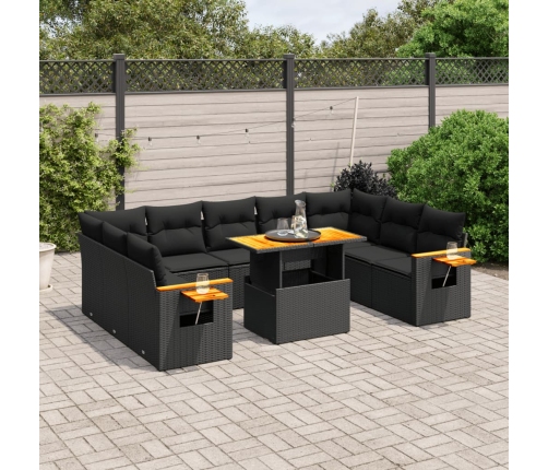 Set de sofás de jardín 11 pzas y cojines ratán sintético negro