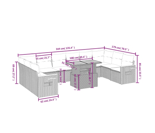 Set de sofás de jardín 11pzas con cojines ratán sintético beige