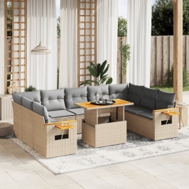 Set de sofás de jardín 11pzas con cojines ratán sintético beige