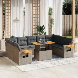 Set de sofás de jardín 11 pzas y cojines ratán sintético gris