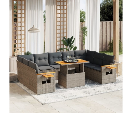Set de sofás de jardín 11 pzas y cojines ratán sintético gris