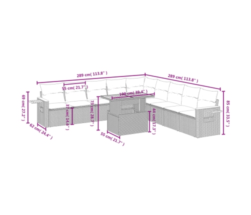 Set de sofás de jardín 11 pzas y cojines ratán sintético negro