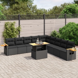 Set de sofás de jardín 11 pzas y cojines ratán sintético negro
