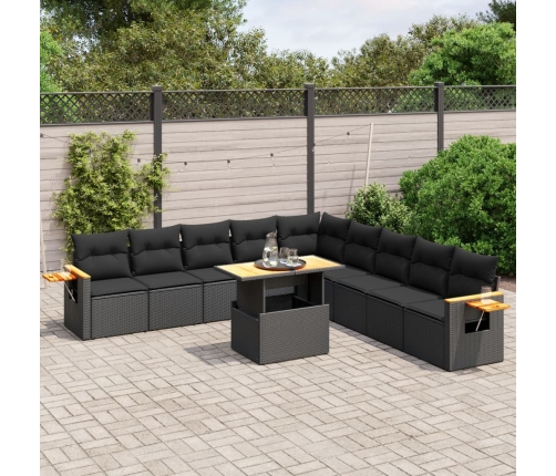 Set de sofás de jardín 11 pzas y cojines ratán sintético negro