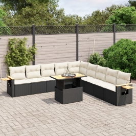 Set de sofás de jardín 11 pzas y cojines ratán sintético negro