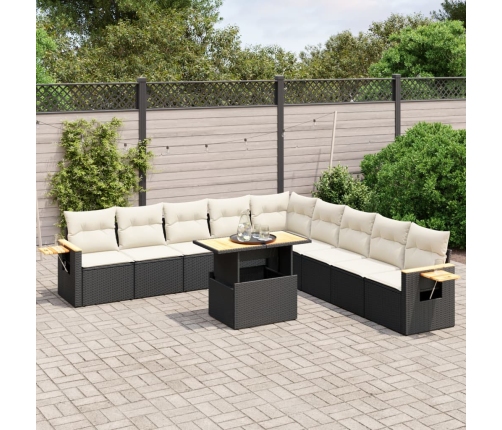 Set de sofás de jardín 11 pzas y cojines ratán sintético negro