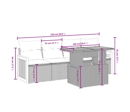 Set de muebles de jardín 5 pzas y cojines ratán sintético negro