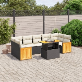 Set de sofás de jardín 8 piezas y cojines ratán sintético negro