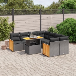 Set de sofás de jardín 8 piezas y cojines ratán sintético negro