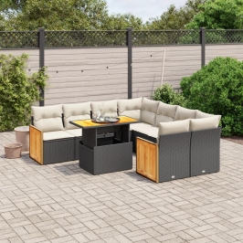 Set de sofás de jardín 8 piezas y cojines ratán sintético negro