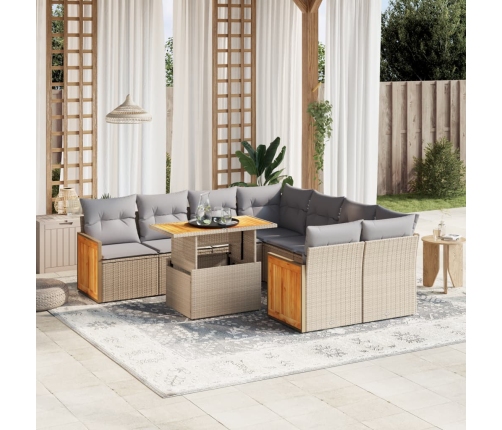 Set de sofás de jardín 9 pzas con cojines ratán sintético beige