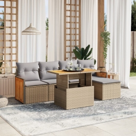 Juego de sofás jardín con cojines 6 pzas ratán sintético beige