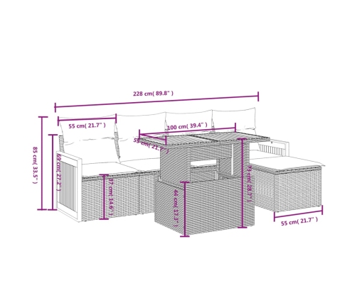 Set de muebles de jardín 6 pzas y cojines ratán sintético gris