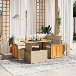 Juego de sofás jardín con cojines 5 pzas ratán sintético beige