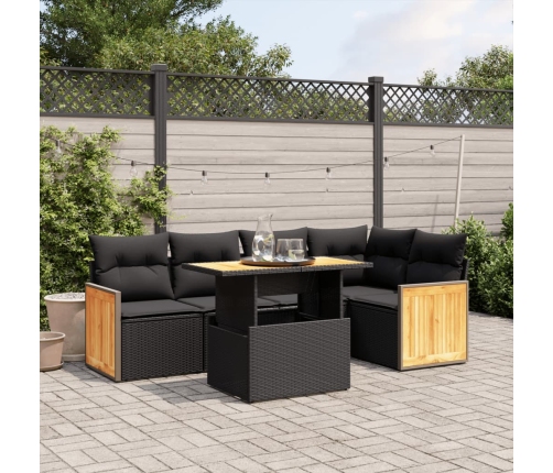 Set de sofás de jardín 6 piezas y cojines ratán sintético negro