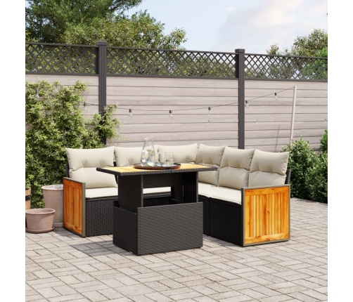 Set de sofás de jardín 6 piezas y cojines ratán sintético negro