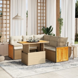 Juego de sofás jardín con cojines 6 pzas ratán sintético beige