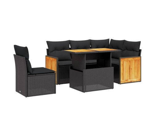 Set de sofás de jardín 6 piezas y cojines ratán sintético negro