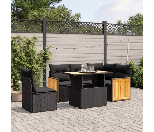 Set de sofás de jardín 6 piezas y cojines ratán sintético negro