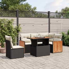 Set de sofás de jardín 6 piezas y cojines ratán sintético negro