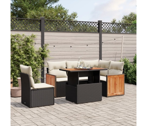Set de sofás de jardín 6 piezas y cojines ratán sintético negro