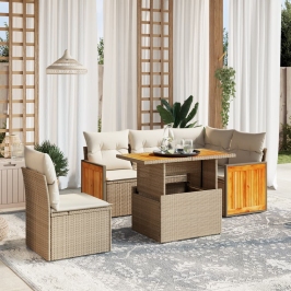 Juego de sofás jardín con cojines 6 pzas ratán sintético beige