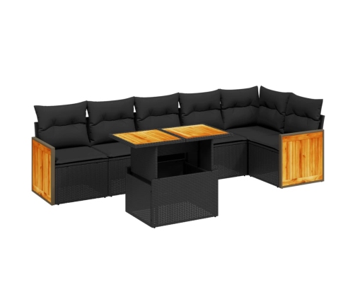 Set de comedor de jardín 7 pzas y cojines ratán sintético negro