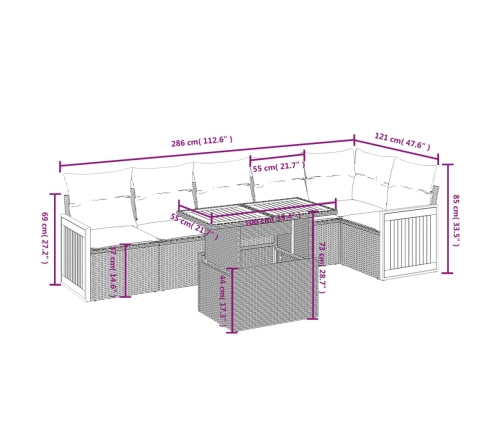 Set de comedor de jardín 7 pzas y cojines ratán sintético negro