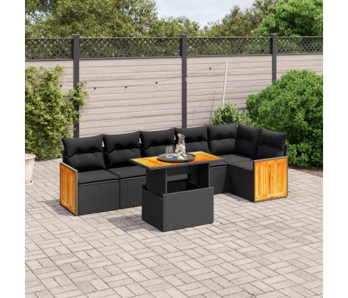 Set de comedor de jardín 7 pzas y cojines ratán sintético negro
