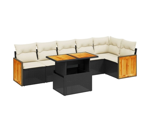 Set de comedor de jardín 7 pzas y cojines ratán sintético negro