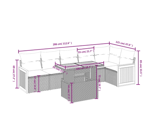 Set de comedor de jardín 7 pzas y cojines ratán sintético negro