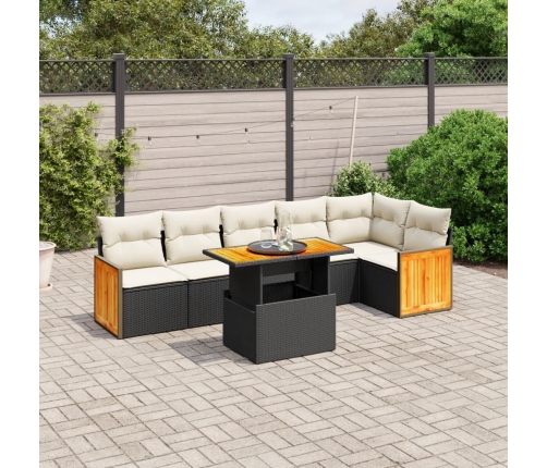 Set de comedor de jardín 7 pzas y cojines ratán sintético negro