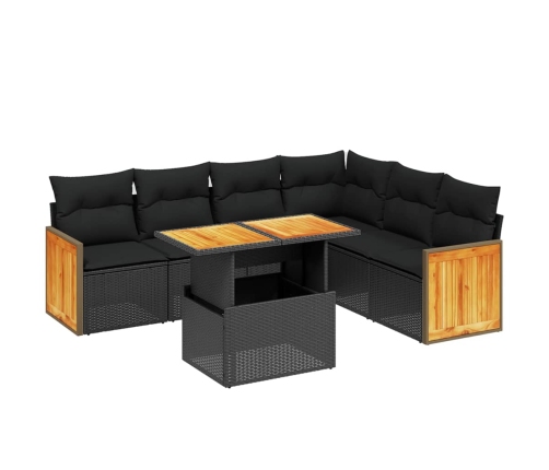 Set de comedor de jardín 7 pzas y cojines ratán sintético negro
