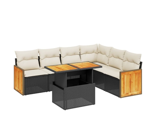 Set de comedor de jardín 7 pzas y cojines ratán sintético negro