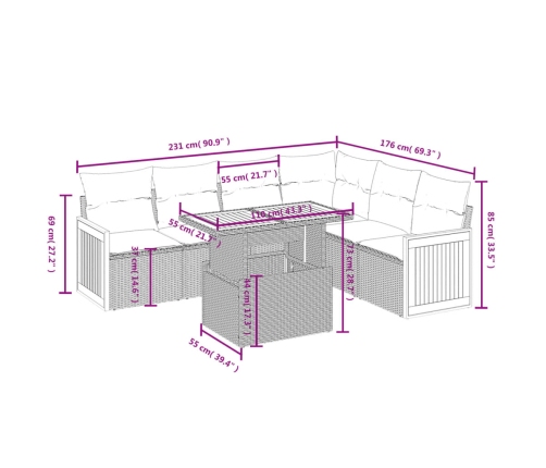 Set de comedor de jardín 7 pzas y cojines ratán sintético negro
