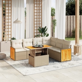 Set sofás de jardín 7 piezas y cojines ratán sintético beige