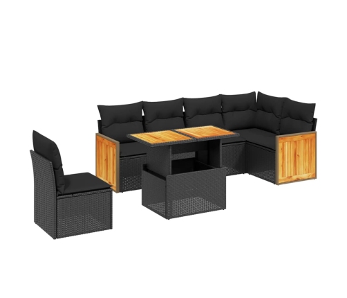 Set de comedor de jardín 7 pzas y cojines ratán sintético negro