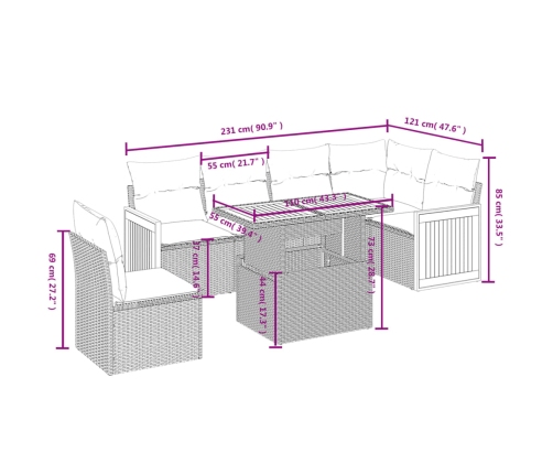 Set de comedor de jardín 7 pzas y cojines ratán sintético negro