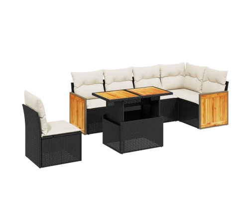 Set de comedor de jardín 7 pzas y cojines ratán sintético negro