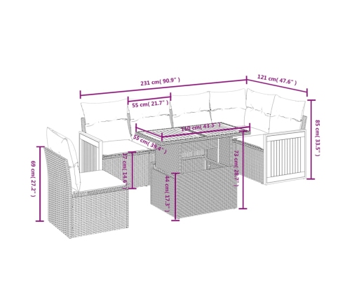 Set de comedor de jardín 7 pzas y cojines ratán sintético negro
