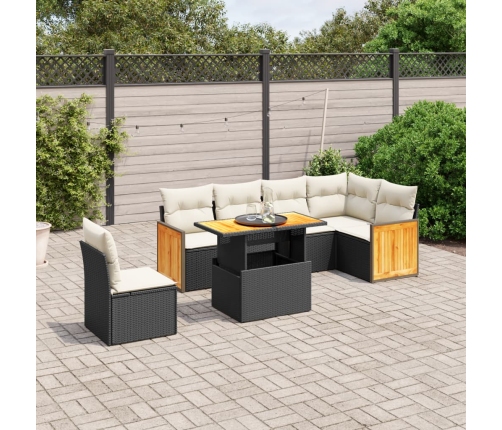 Set de comedor de jardín 7 pzas y cojines ratán sintético negro