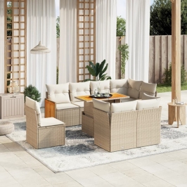 Set de sofás de jardín 9 pzas con cojines ratán sintético beige