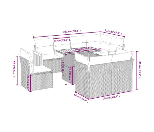Set de muebles de jardín 9 pzas y cojines ratán sintético gris